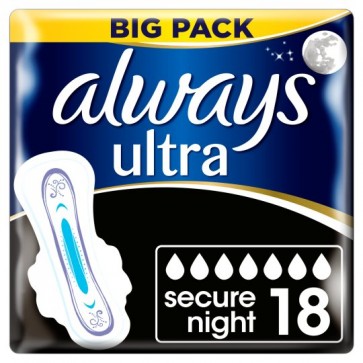 Always Ultra Night Time Secure Sanitary Towels Duo 18 Pack.