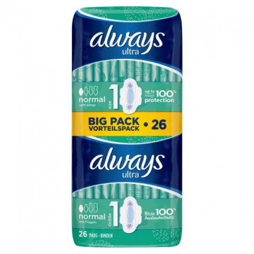 Always Ultra Normal Sanitary Towels Plus Wings Duo 26 Pack.