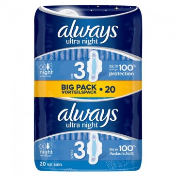 Always Ultra Night Time Secure Sanitary Towels Duo 20 Pack.