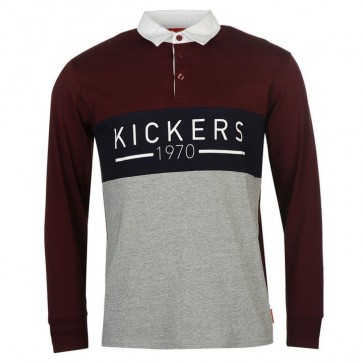 Kickers Long Sleeve Rugby Polo Shirt Mens - Grey Marl/Burg.
