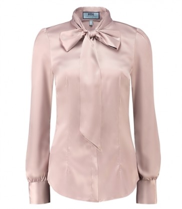 LADIES PLAIN TAUPE FITTED LUXURY SATIN BLOUSE - PUSSY BOW.