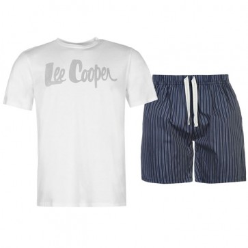 Lee Cooper T Shirt and Shorts Pyjama Set Mens - White.