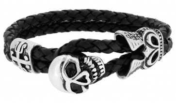 Revere Men's Stainless Steel Skull Leather Bracelet