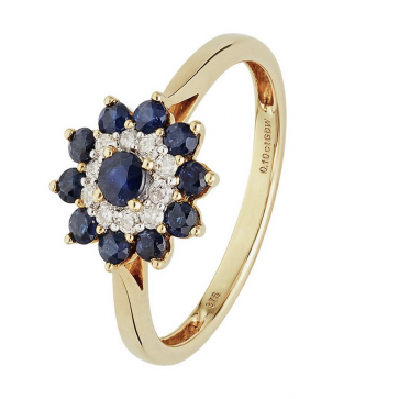 Revere 9ct Yellow Gold Sapphire & 0.10ct Diamond Flower Ring