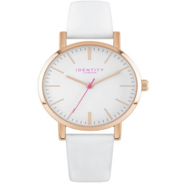 Identity Ladies Rose Gold White Leather Strap Watch