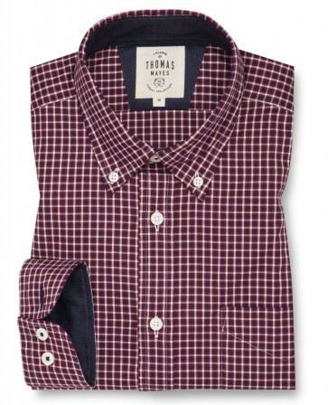 T.M LEWIN Small Check Oxford Casual Slim Fit Shirt - Burgundy White.