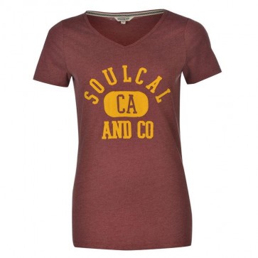 SoulCal Heritage V Neck T Shirt Ladies - Burgundy Marl.
