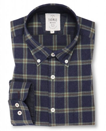 T.M LEWIN Check Brushed Oxford Casual Slim Fit Shirt - Navy Green.
