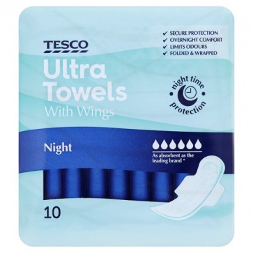 Tesco Ultra Night Sanitary Towels 10 Pack.