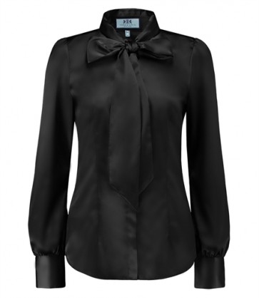 WOMEN'S BLACK FITTED SATIN BLOUSE - PUSSY BOW.