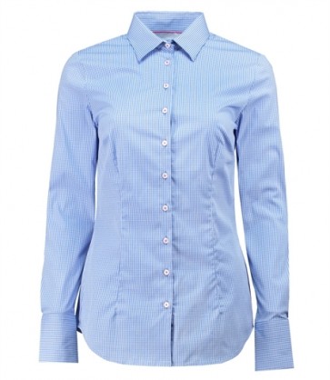 WOMEN'S BLUE & WHITE SMALL CHECK FITTED SHIRT - SINGLE CUFF.