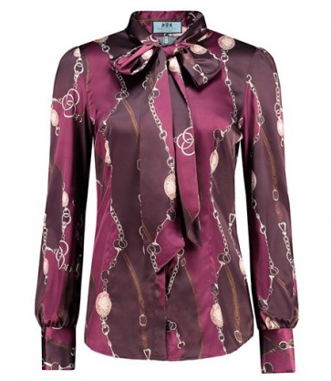 WOMEN'S BURGUNDY FINSBURY ROSE PRINT FITTED SATIN SHIRT - PUSSY BOW.