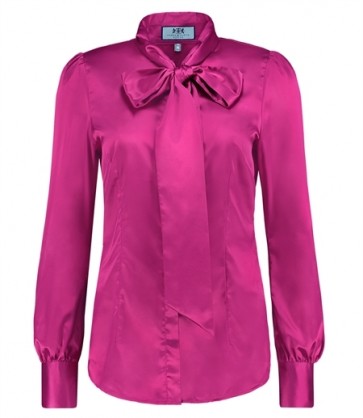 WOMEN'S FUCHSIA FITTED SATIN BLOUSE - PUSSY BOW.