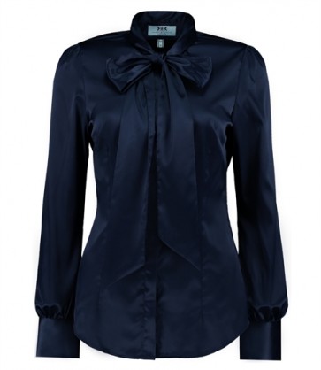 WOMEN'S NAVY FITTED LUXURY SATIN BLOUSE - PUSSY BOW.