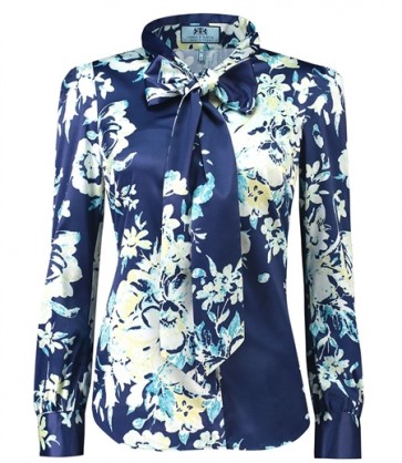 WOMEN'S NAVY & YELLOW FLORAL SEMI-FITTED SATIN BLOUSE - PUSSY BOW.