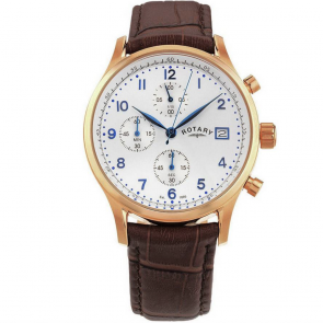 Rotary Men's Brown Leather Strap Rose Gold Plated Watch